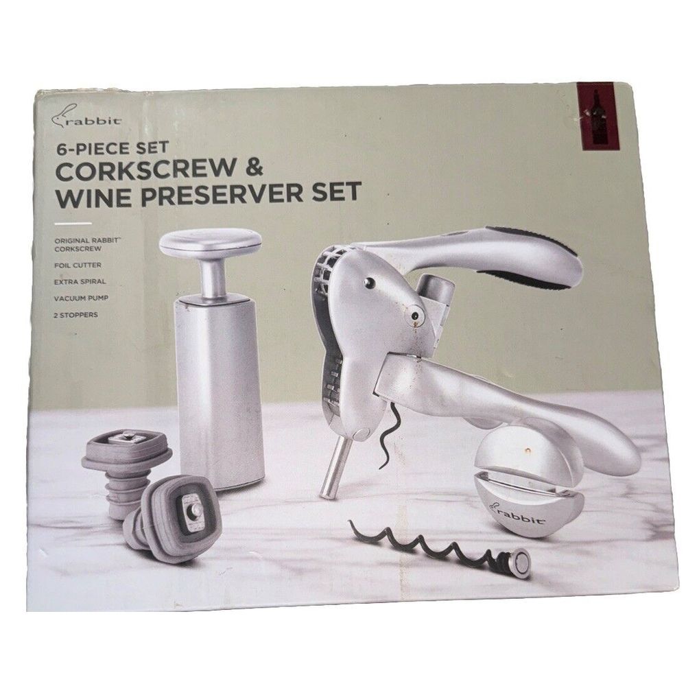 Rabbit 6-piece Set Corkscrew & Wine Preserver‎ Set New In Box